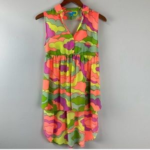 Nanette Lepore L’Amour Neon Geometric Clouds Hi-Low Sheer Top Size Large